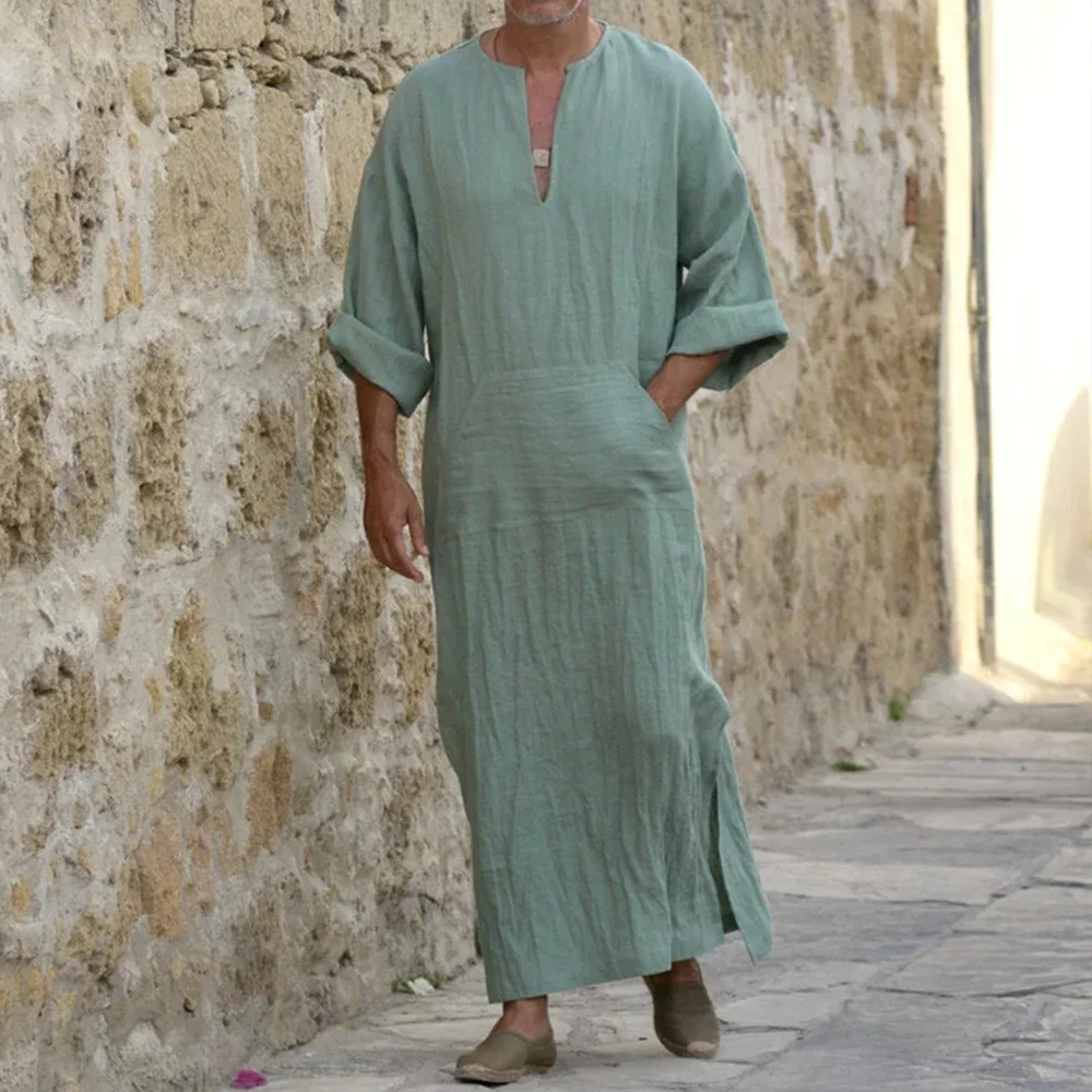 YUFEIDA-Bata larga de lino para hombre, caftán musulmán, árabe, islámico, con cuello en V, de algodón sólido, Abaya