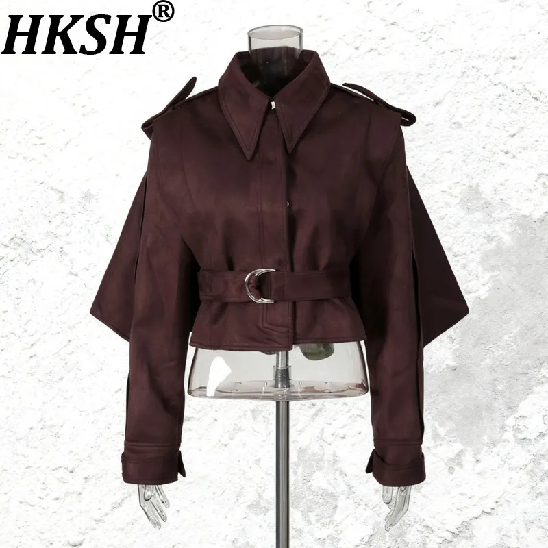 

HKSH весна осень новая женская короткая куртка с поясом однобортный отложной воротник с длинным рукавом однотонное пальто в стиле ретро HK17531