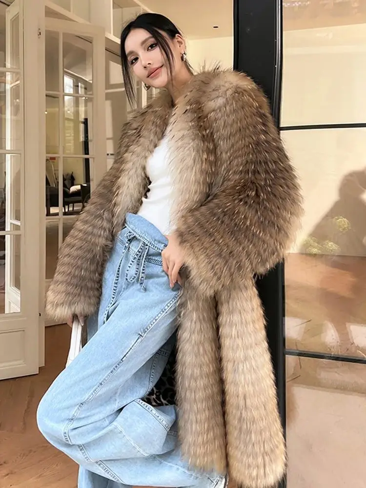 

Luxury Clothes Winter New Imported Raccoon Fur Coat Women's V-Neck Natural Fluffy Fur Jacket Ladies Fashion Streetwear