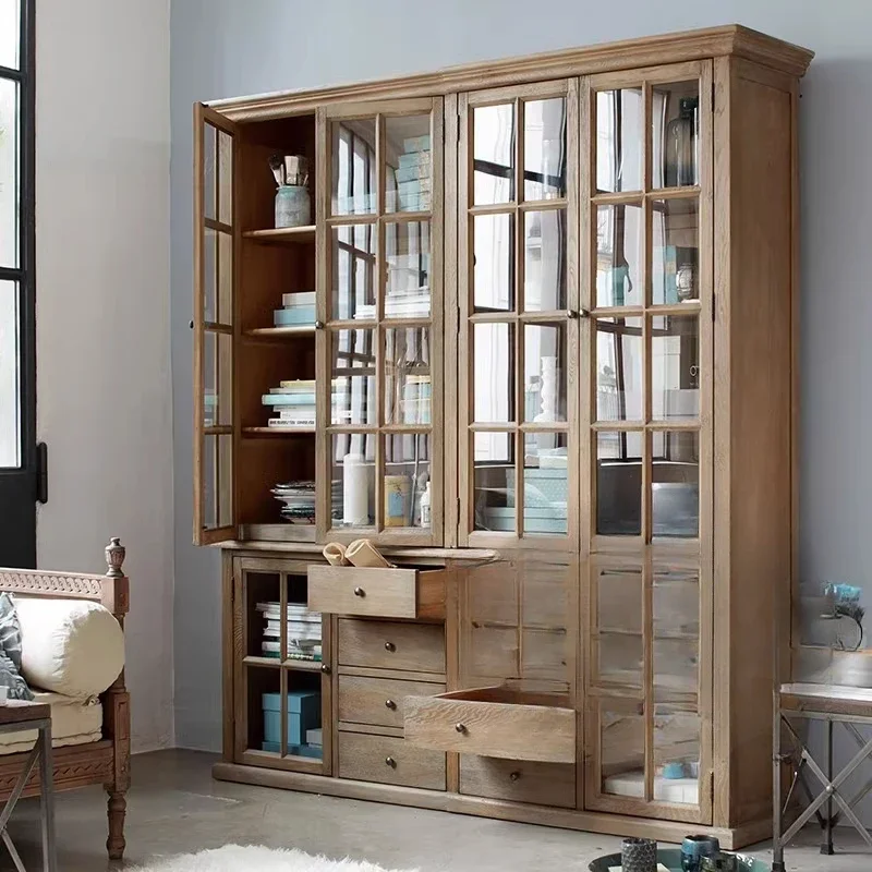 Multi-Functional Display Bookcase: American Antique Style Cabinet with Glass Doors, Wine Storage & Drawers in French Oak Finish