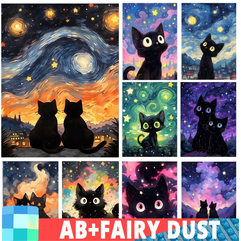 Fairy Dust AB 5D Diy Diamond Art Painting Cross Stitch Kit Starry Sky and Black Cat Rhinestone Mosaic Embroidery Home Decor