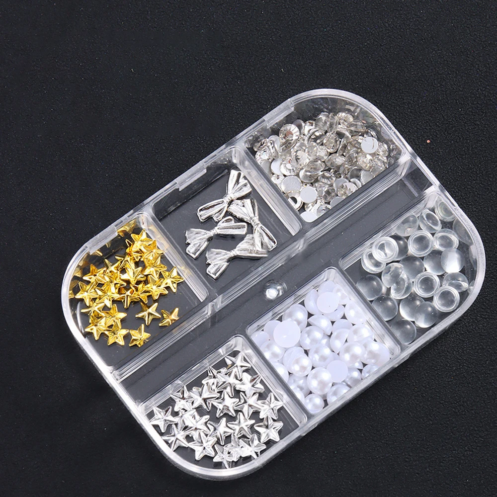 6Girds 골드 실버 스타/보우 네일 아트 참 반구형 진주 투명 라인스톤 네일 젬스 속이 빈 별 네일 리벳 스터드 장식