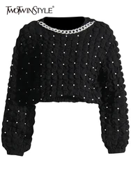 TWOTWINSTYLE Designer Patchwork Pearls Sweatshirt For Women Round Neck Long Sleeve Spliced Chain Temperament Sweatshirts Female