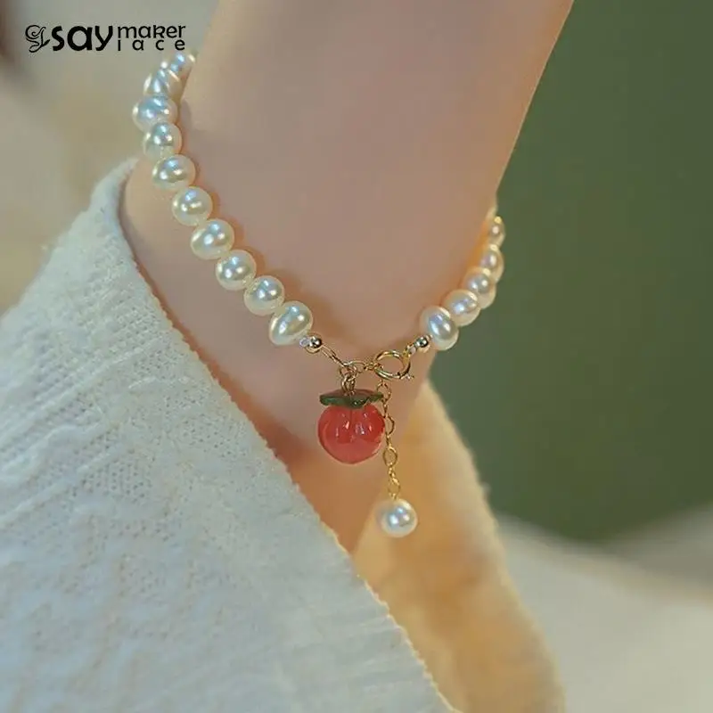 Trendy Peach Charm Natural Freshwater Pearl Ladies Bracelet Ins Style Sweet Fresh Fashion Hand Jewelry Accessories