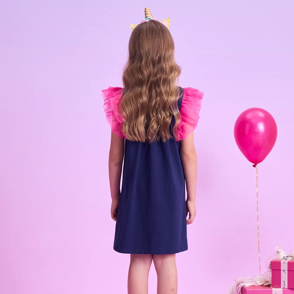 VIKITA Girls Navy Blue Unicorn Dress with Pink Tulle Ruffle Sleeves Kids Cartoon Star Print Casual Summer Straight Cotton Dress