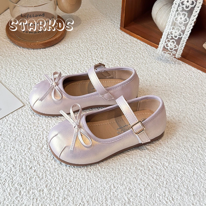 Pearlescent Pink Leather Mary Janes Kid Girl Classic Round Toe Bowtie Buckle Strap Ballerina Shoes Baby Child Shiny Dress Zapato