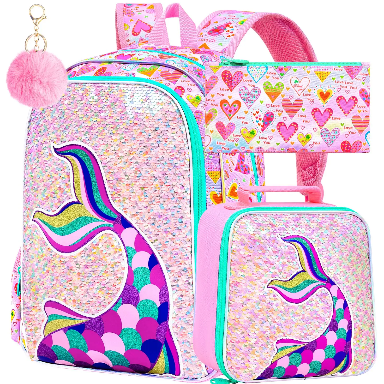 kid's-backpack-3pcs-16-inch-uv-print-pink-mermaid-tail-girls-school-backpack-set-one-backpack-one-handbag-and-one-pencil-case