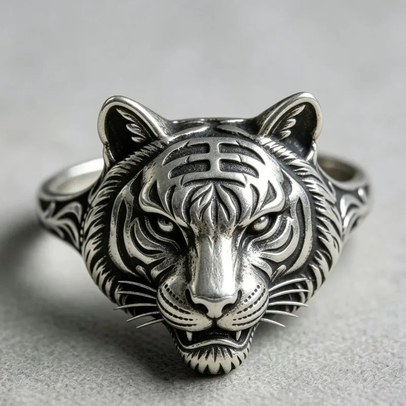 1 new engraved tiger head men's ring, animal shape retro and simple jewelry