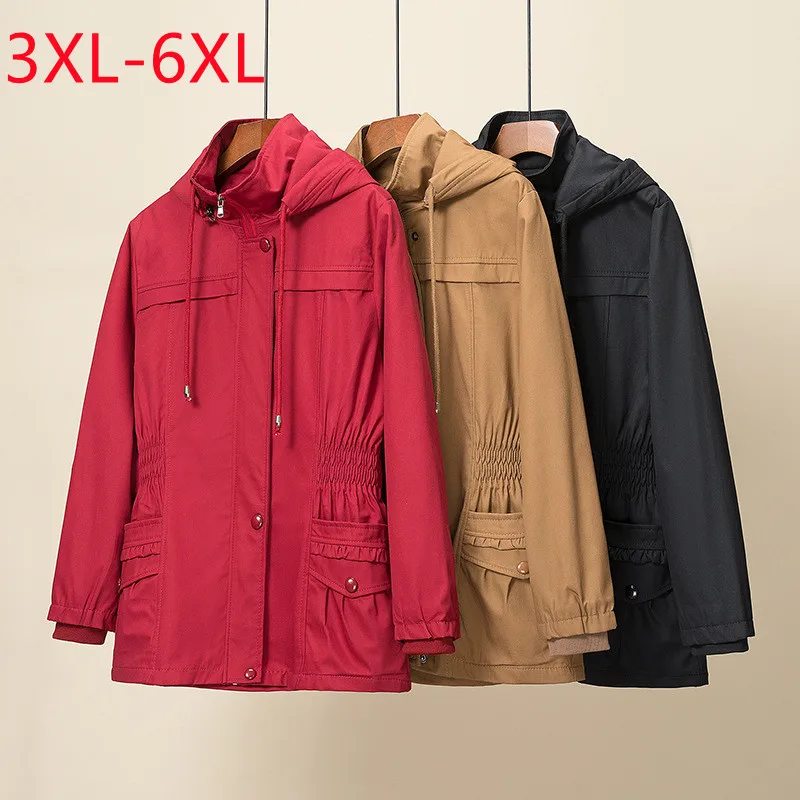 

New 2023 Ladies Spring Plus Size Tops For Women Large Size Long Sleeve Hooded Red Windbreaker Coat 3XL 4XL 5XL 6XL