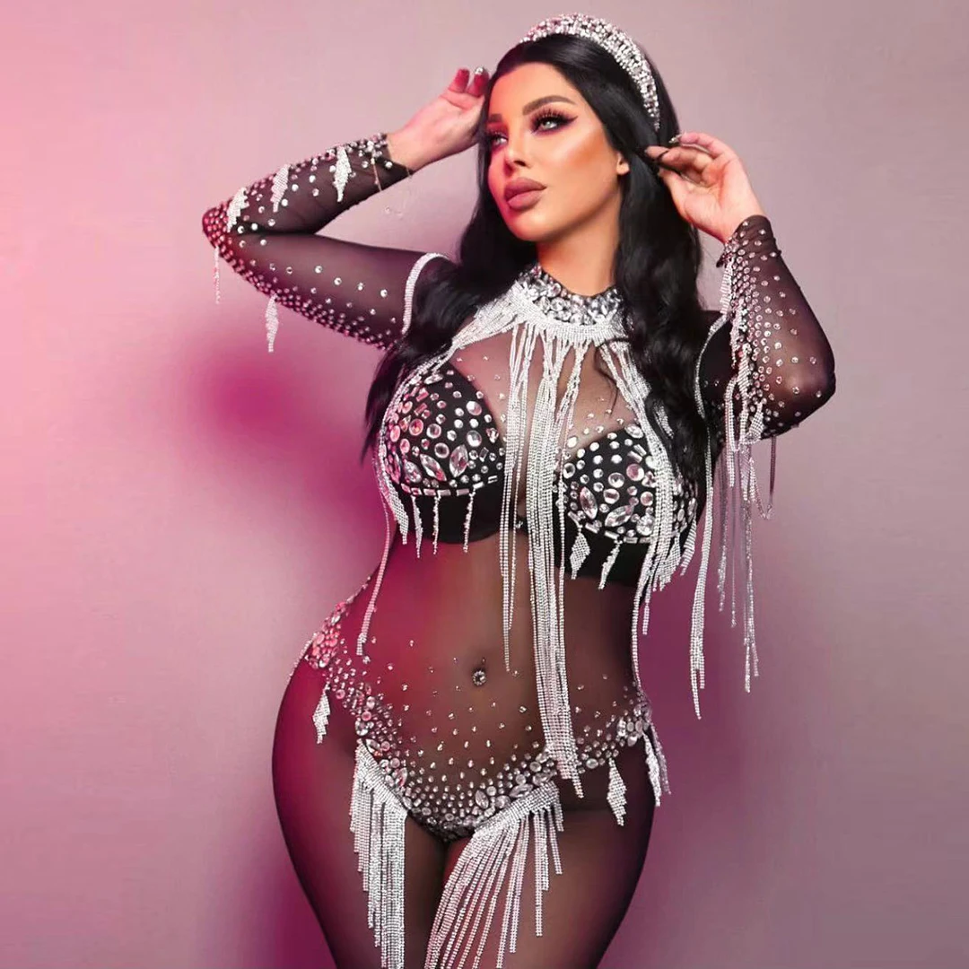 Women Sparkly Crystals Chains Tight Fitting Jumpsuit Sexy Stage Performance Dancer Outfit Nightclub Party Dance Pantyhose Heiyin