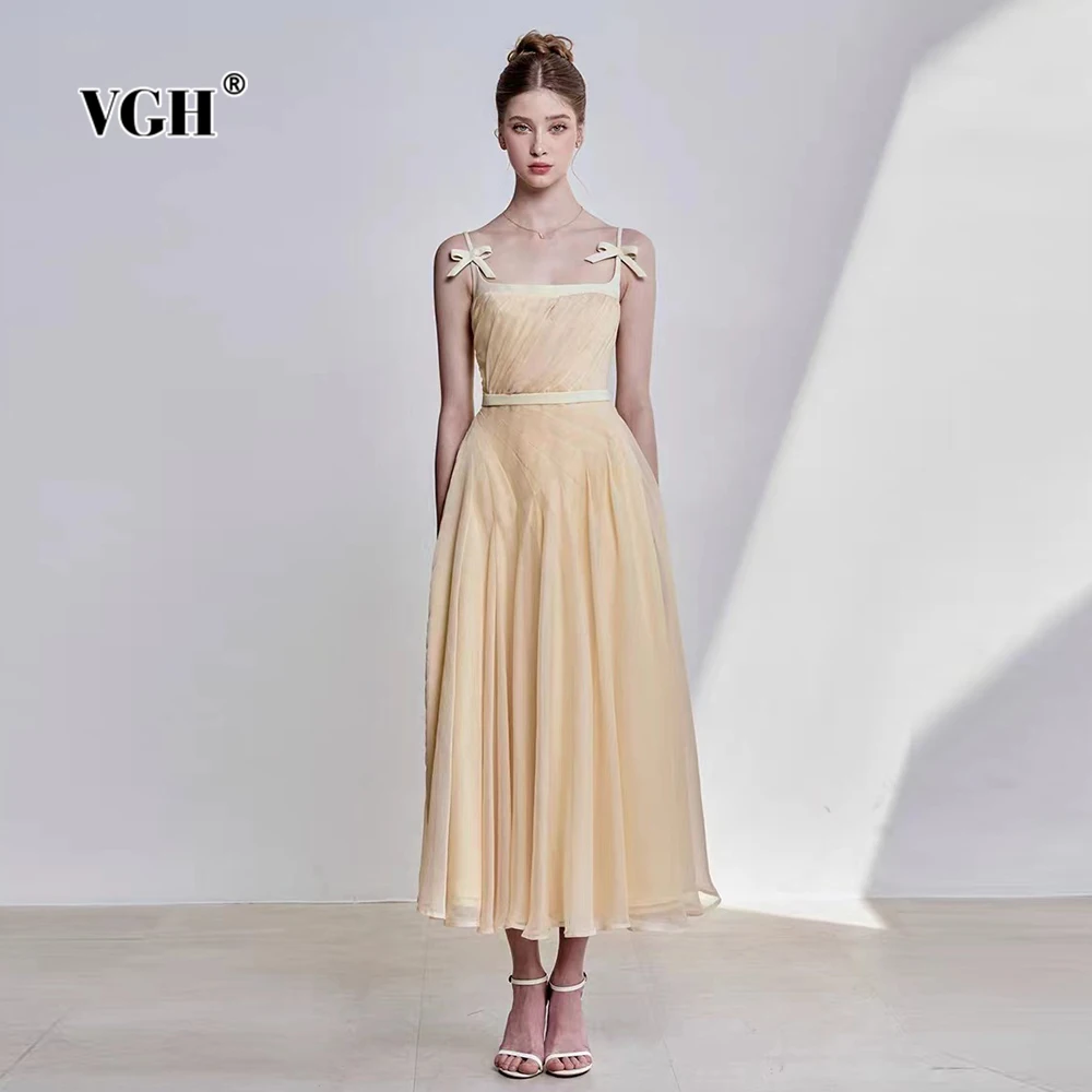 

VGH Cute Spliced Bowknot Slimming Solid Dresses For Women Square Collar Sleeveless High Waist Elegant Dress Female Fashion New