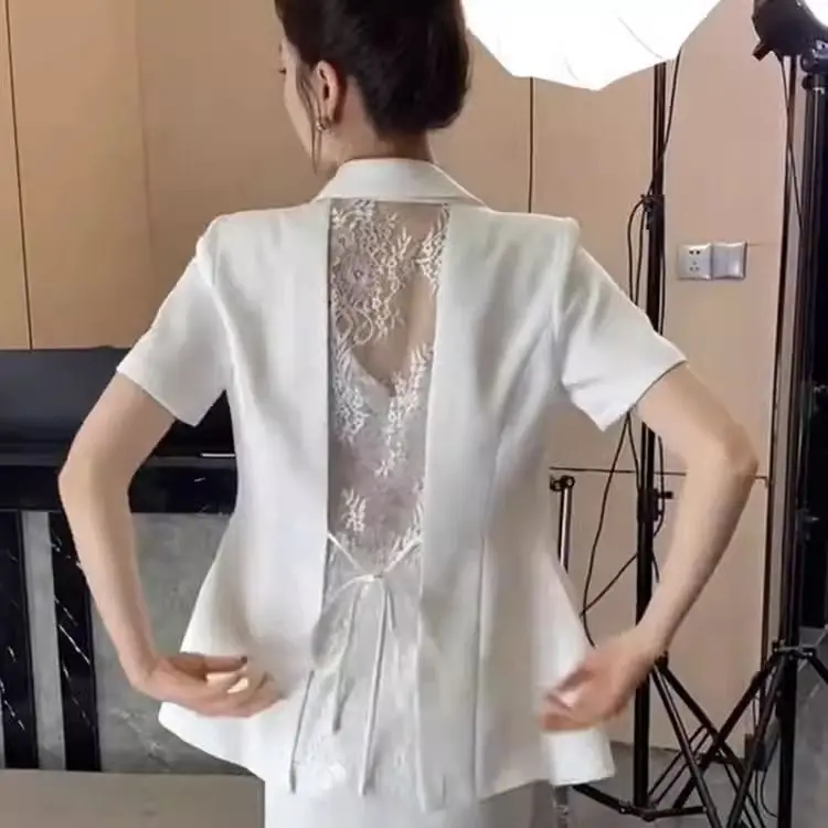 Fashion Suit 2025 Spring and Summer New Solid Color Lace Backless Short-sleeved Top and Skirt