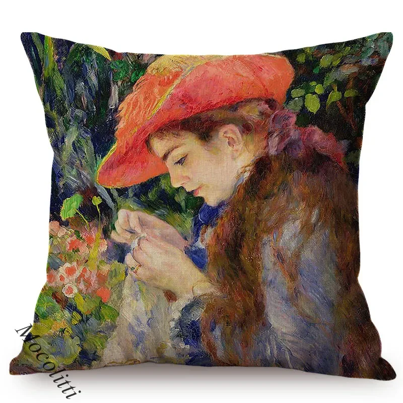 European Farmers Shepherdess Oil Painting Decoration Throw Pillow Case Beautiful Woman Cotton Linen Sofa Cushion Cover cojines