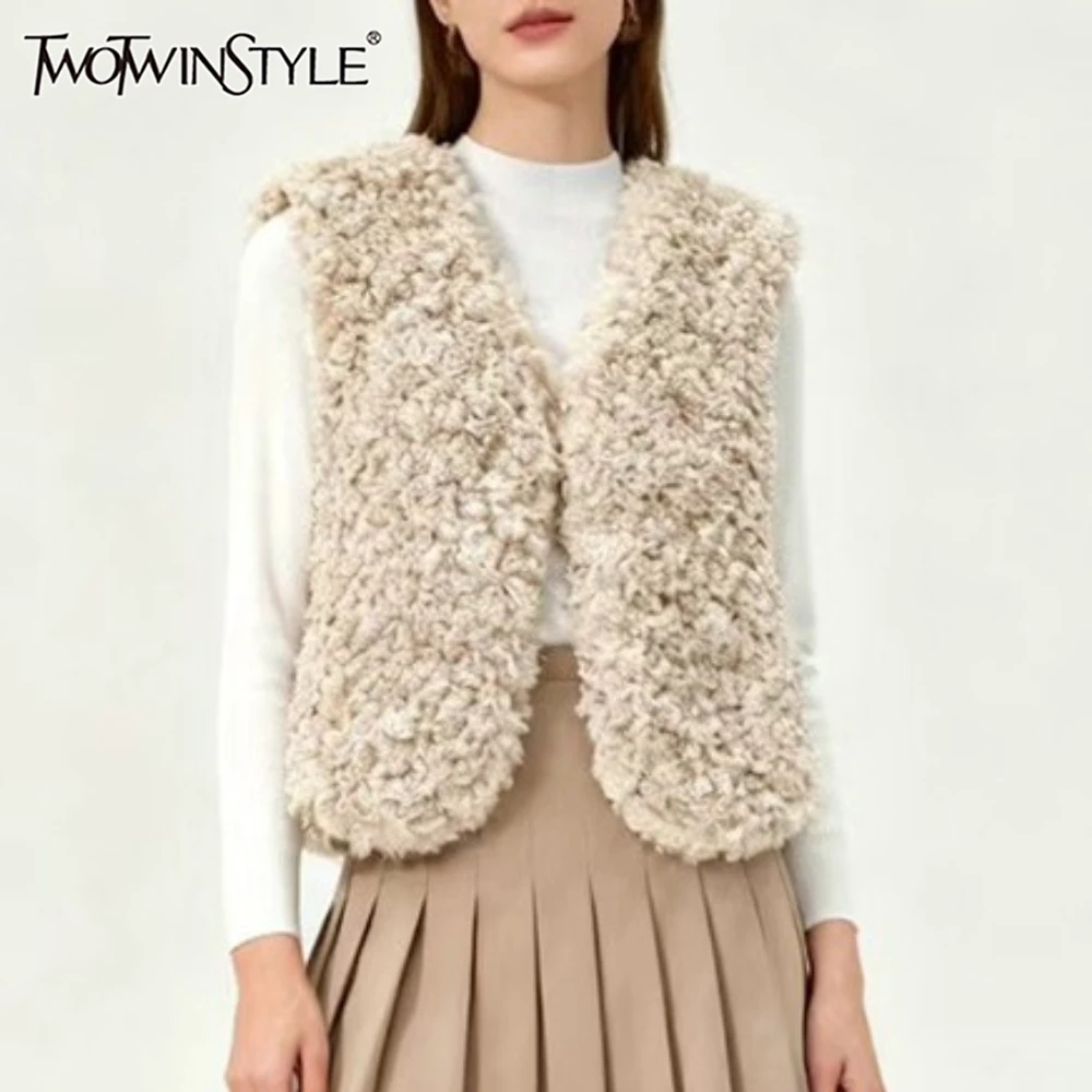 TWOTWINSTYLE Elegant Casual Tank Top for Women V Neck Sleeveless Patchwork Artificial Lamb Wool Temperament Waistcoat Female New