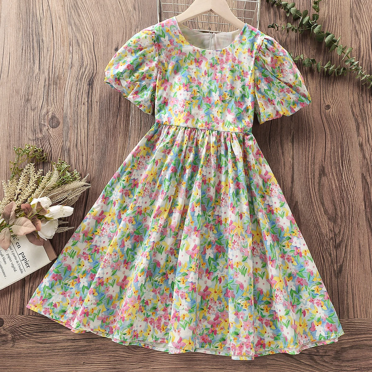 Summer Kids Floral Print Dresses for Girls Clothes Baby Party Outfits Teenagers Short Sleeve Children Costumes 4 6 8 9 12 Years