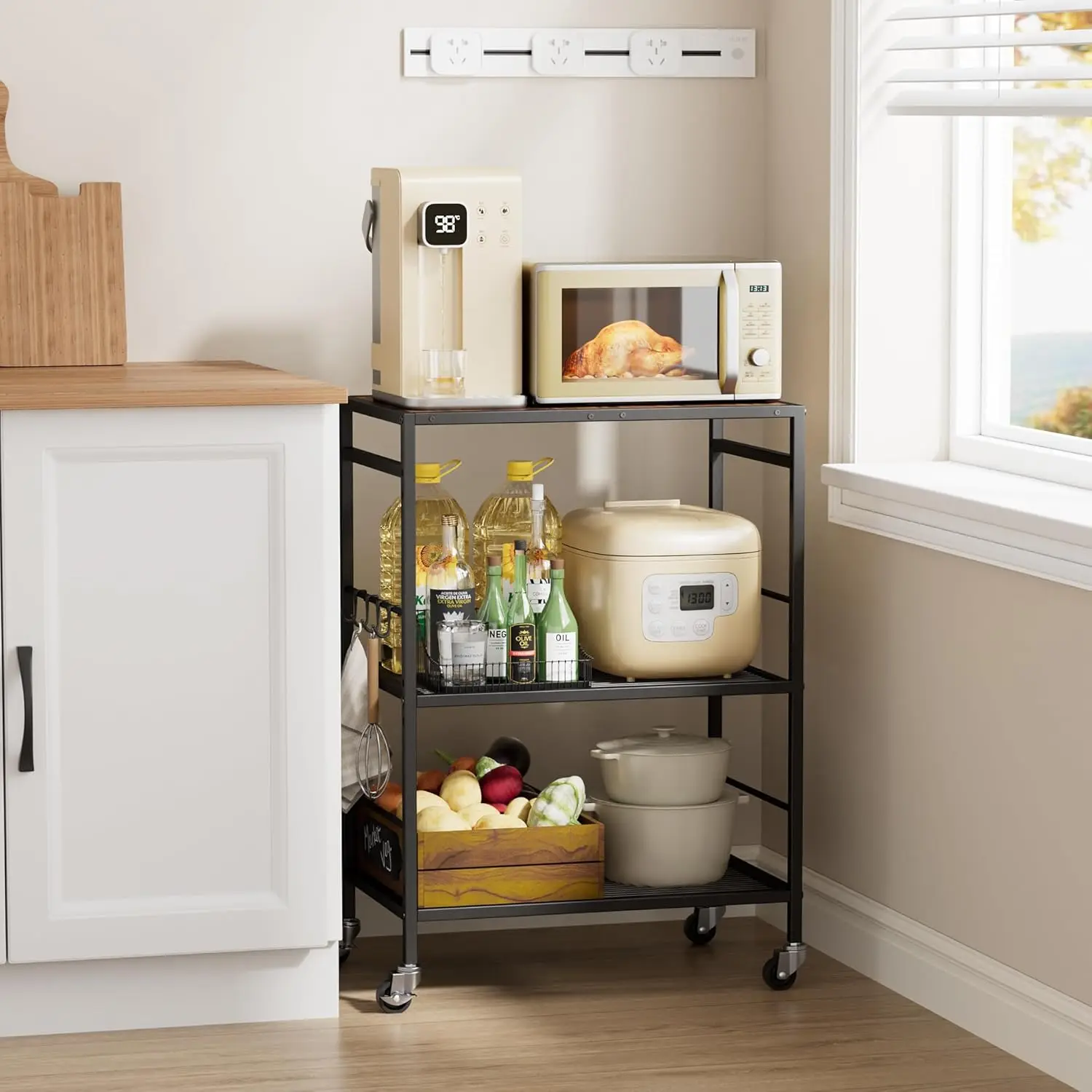 

3-Tier Adjustable Kitchen Cart with Locking Wheels - Microwave Storage Organizer for Small Spaces, 15.7x23.6x33.7 Inches