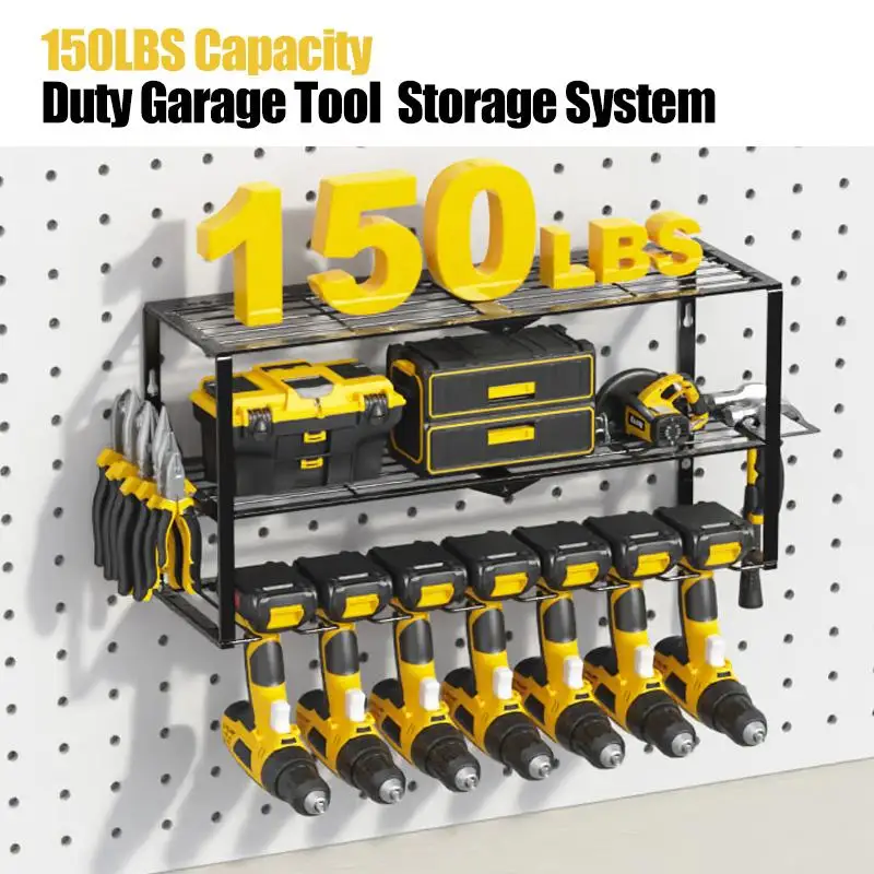 منظم أدوات الطاقة المعدنية شديدة التحمل مع 7 حاملات مثقاب، رف تخزين المرآب للأدوات اللاسلكية، رف ورشة عمل متوافق