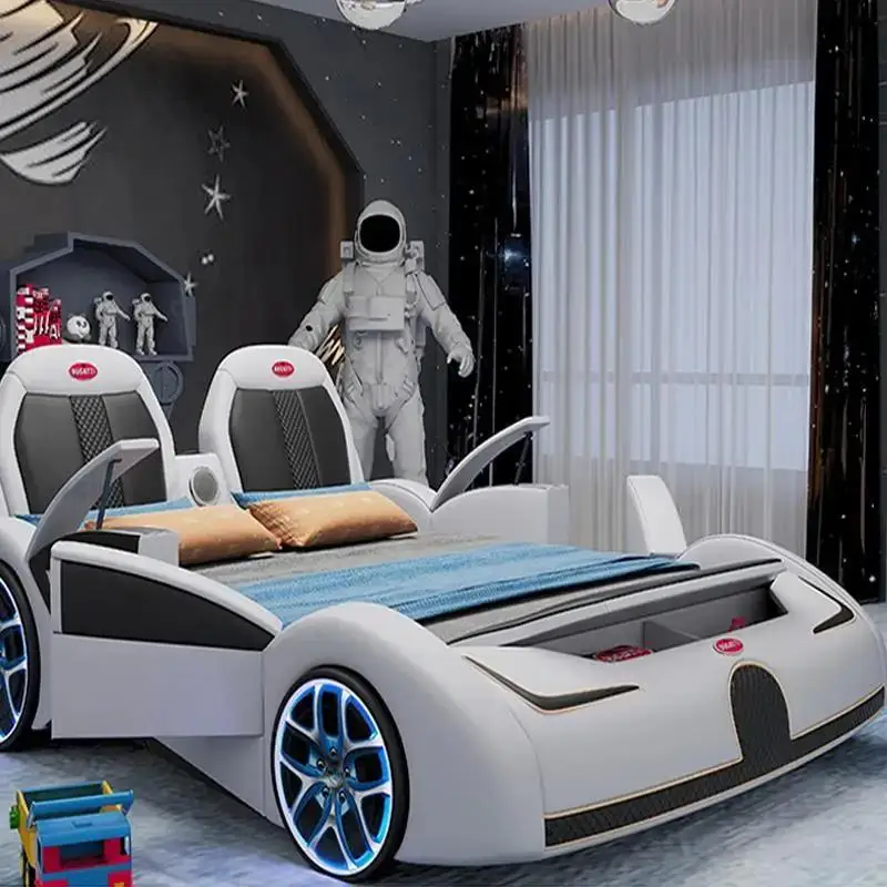 Boy Lovely Car Shaped Kids Bed With Cool Led Lamp Solid Wood Bedroom Furniture Storage Space Creative Cartoon Children's Bed