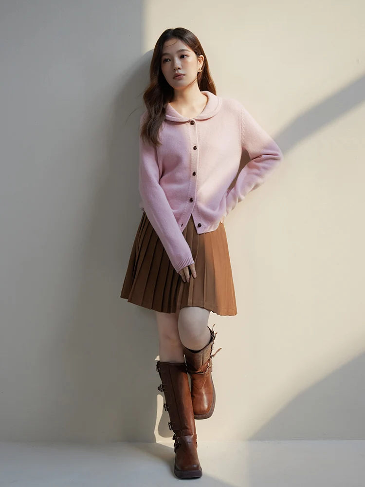 DUSHU Age-reducing Ballet Pink Sweater Cardigan for Women Winter New Style Shoulder 100% Wool Knitted Warm Jacket Female