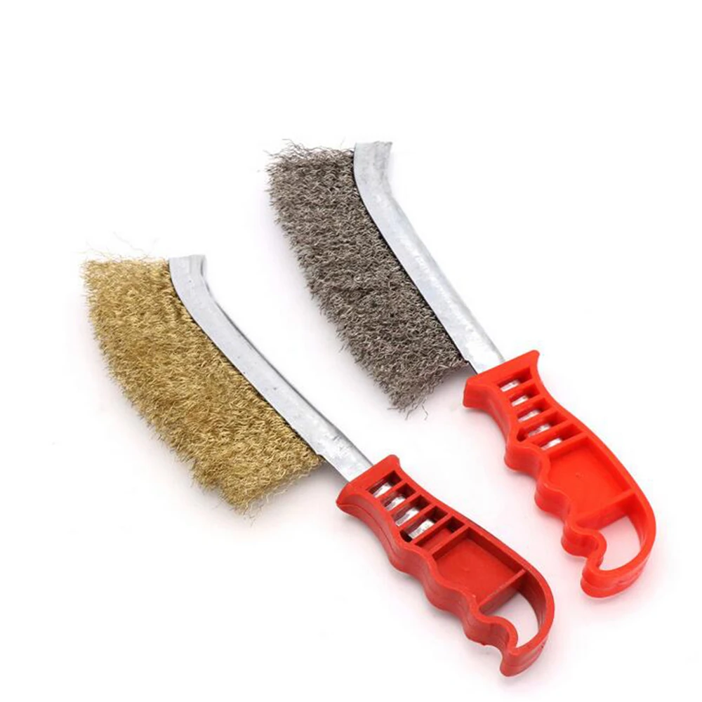 BBQ Grill Cleaner Brush Handle Steel Wire Brush Red Plastic Copper Plating Derusting Brush Barbecue Mesh Cleaning Accessories