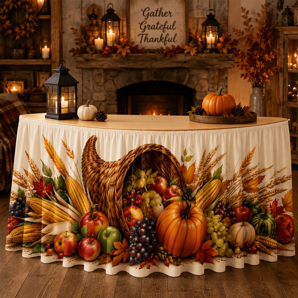 One harvest-themed tablecloth, featuring patterns of angelica vases, pumpkins, wheat and maple leaves