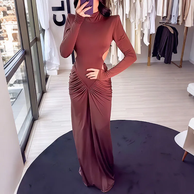 Abiti Mujer Abito lungo aderente da donna increspato Dolcevita elegante Abito da ballo vuoto senza schienale Abito sexy solido a maniche lunghe autunnale