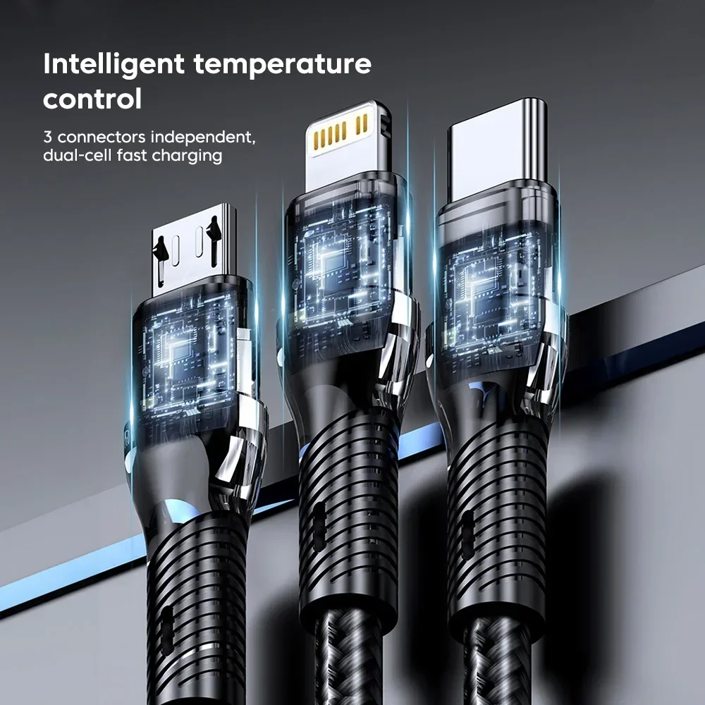 3 In 1 120W 6A Type C Super Fast Charging Cable For iPhone 16 15 14 Micro USB C Charger Data Cable