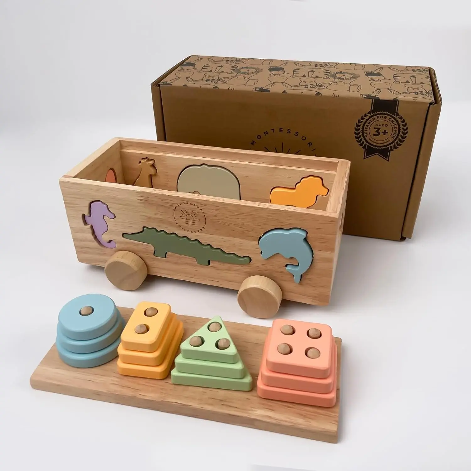 

Educational Wooden Animal Shape Sorter & Stacking Toy for Toddlers - Interactive Learning Toy with Colorful Shapes and Animals -