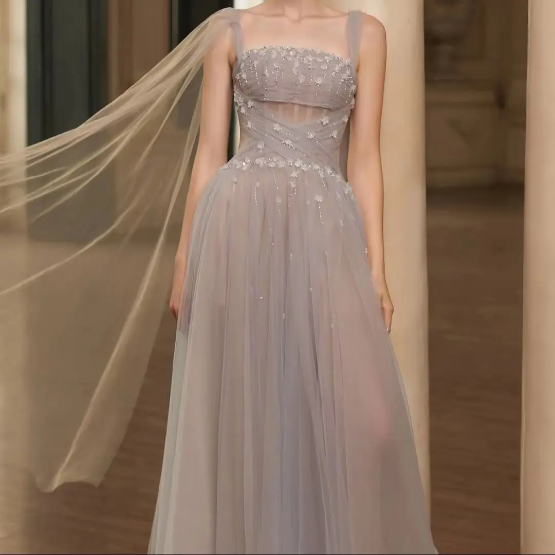 

MD Customized Exquisite Spaghetti Straps Sleeveless Evening Dress High Quality Tulle Prom Dresses Temperament Bridal Party Gowns