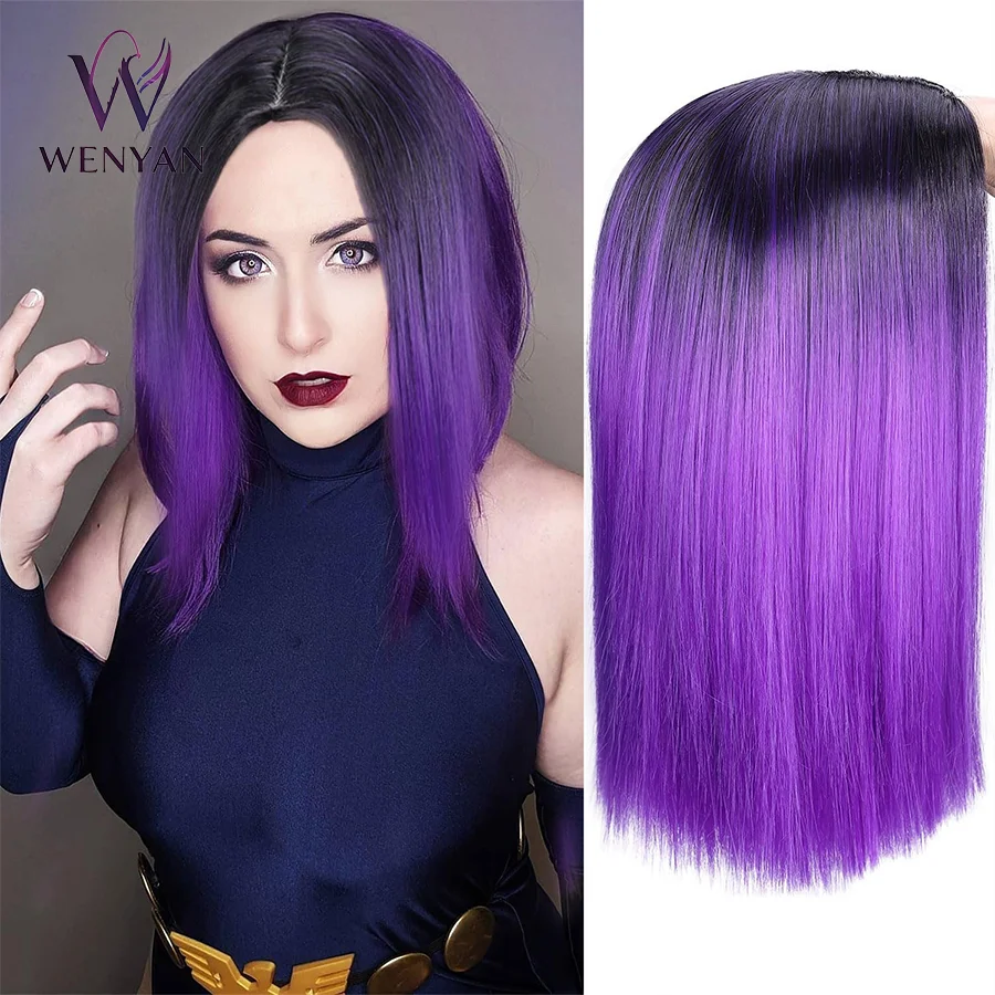 

14inch Purple Wig Short Straight Bob Wig Black to Purple Ombre Wig Colorful Wigs for Girls Synthetic Cosplay Party Wigs