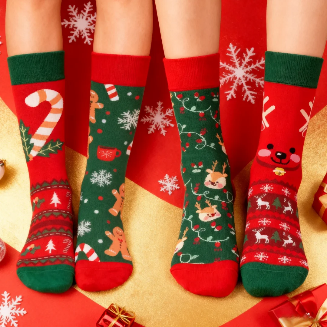 1 par de calcetines navideños, bastones de caramelo, hombres de jengibre y renos, clásicos colores navideños rojos y verdes, solo sorpresa festiva