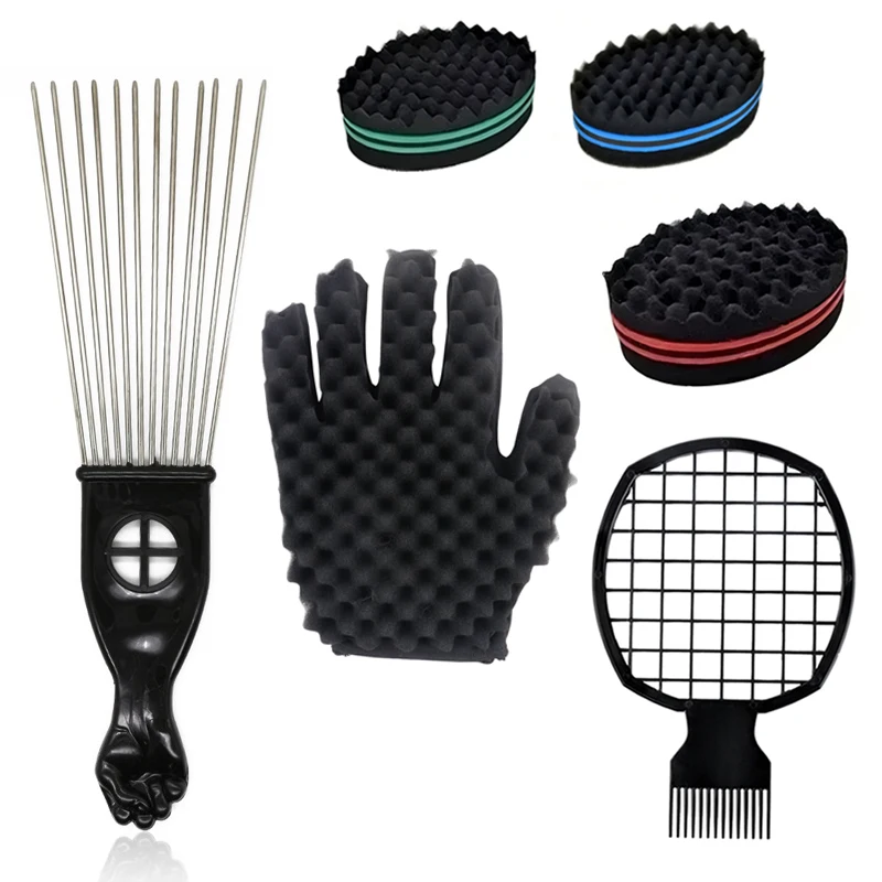 2Pcs Set Long Stainless Steel Pin Afro Pick Hair Comb Curling Sponge Brush Curly Hair Gloves Salon Hairdressing Styling Tools