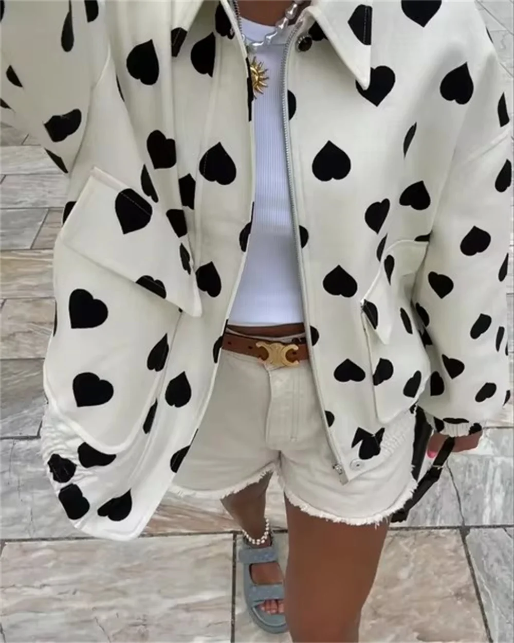 

Women Elegant Black Polka Hearts Bomber Jacket Fashion Long Sleeve Flips Pocket Zipper Coat Autumn Female Commuting Streetwear