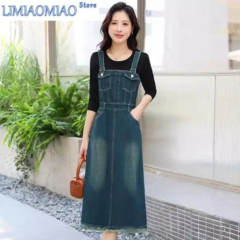 

Retro Cowboy Raw Edge Strap Skirt Women Long Style Spring Autumn New Design Slim Age-Reducing Dress Casual Ladies Vestidos