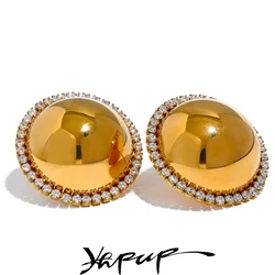 Yhpup 30mm Smooth Stainless Steel Round Big Stud Earrings Bling Cubic Zirconia Fashion Luxury Jewelry Waterproof for Women Gift