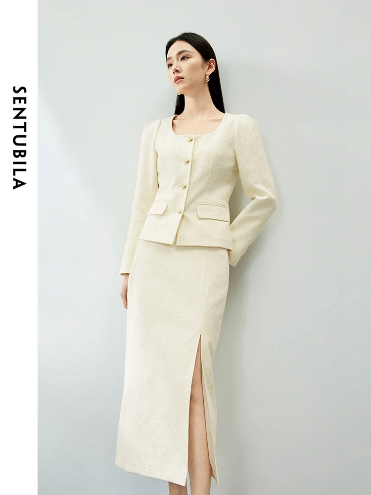 SENTUBILA Comfort Cotton Tweed Suit 2024 Spring Ribbon Round Neck Coat Split Midi Skirt Elegant New in Matching Set 141Z53095