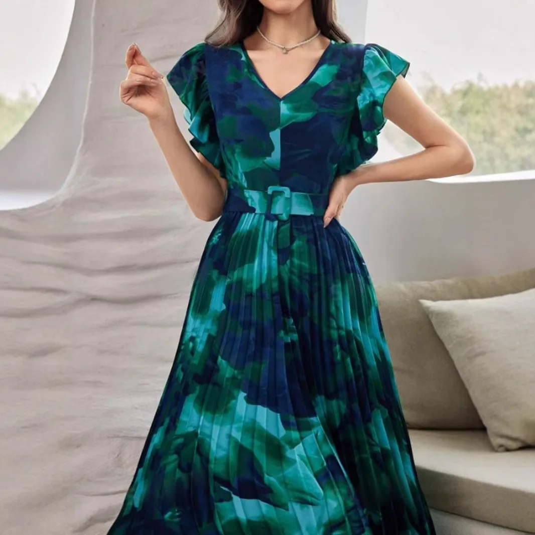 V Neck Belt Printed Maxi Length Elegant and Refined with Long Skirt a Line Retro Print Ruffle Sleeve Midi Waist Women Dress