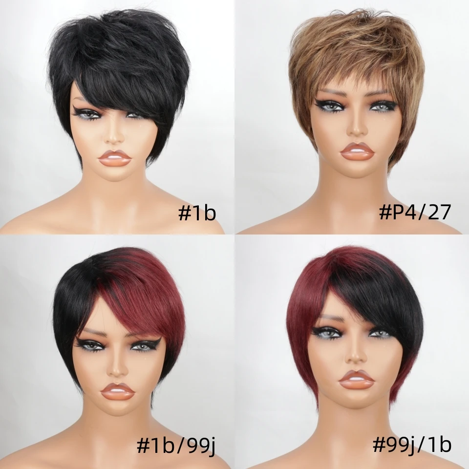 Short Pixie Cut Wigs Full Machine Made Wig With Bangs Wavy Ready To Wear Wigs Straight Hair 100% Remy Human Hair Wigs For Women image 2