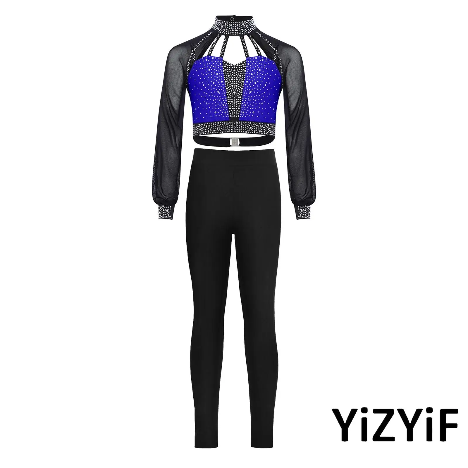 

Kids Girls Gymnastic Figure Skating Dance Performance Outfit Set Long Sleeves Cutout Strappy Shiny Rhinestones Crop Top+Leggings