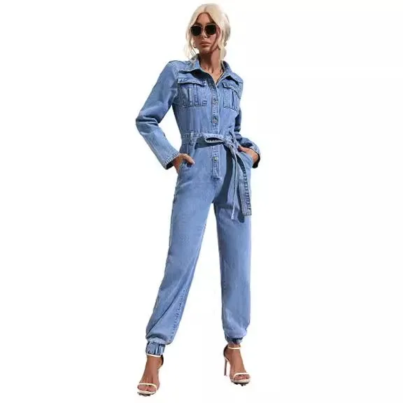 Casual Jeans No Stretch Mid Waist European American Style with Japanese Korean Casual Straight Leg Full Length Women Jumpsuit