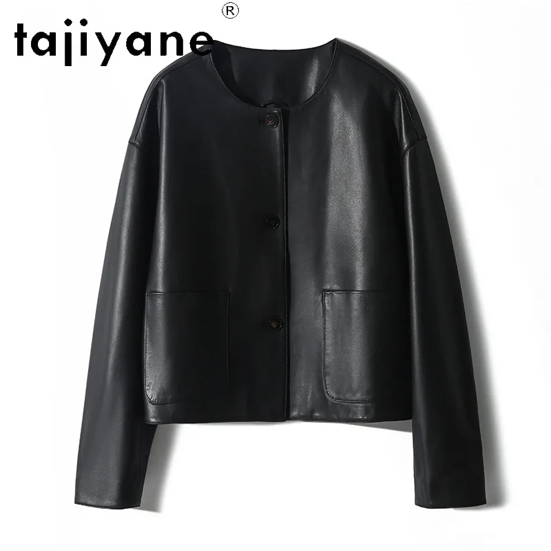 Tajiyane-Manteau en peau de mouton véritable pour femme, veste en cuir véritable à simple boutonnage, col rond, combinaison polyvalente courte, vêtements pour femmes, 2024