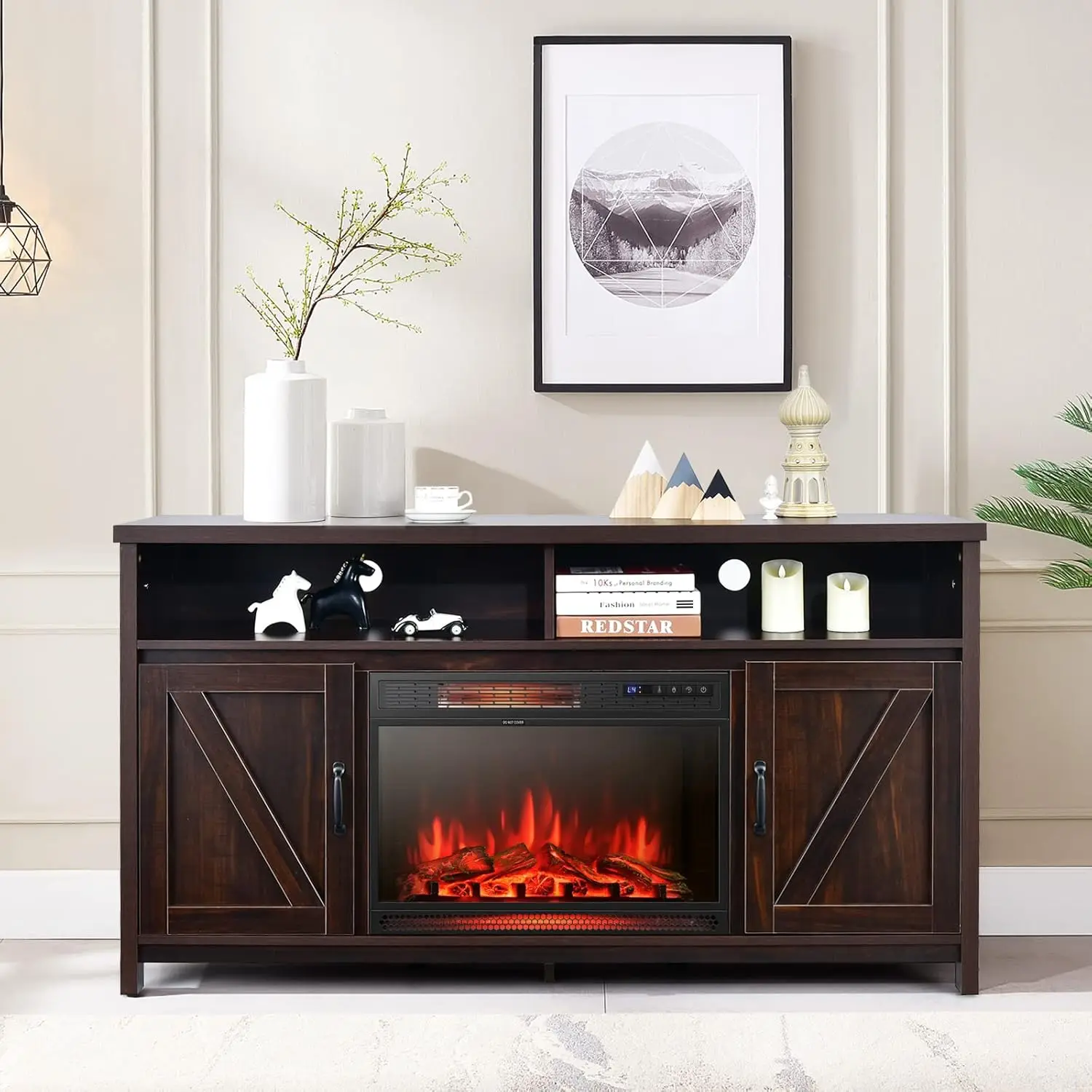 Electric Fireplace TV Stand, with 25 Inch 1350W Reccessed Faux Fireplace, 3 Flame Setting, 4 Brightness Remote Control