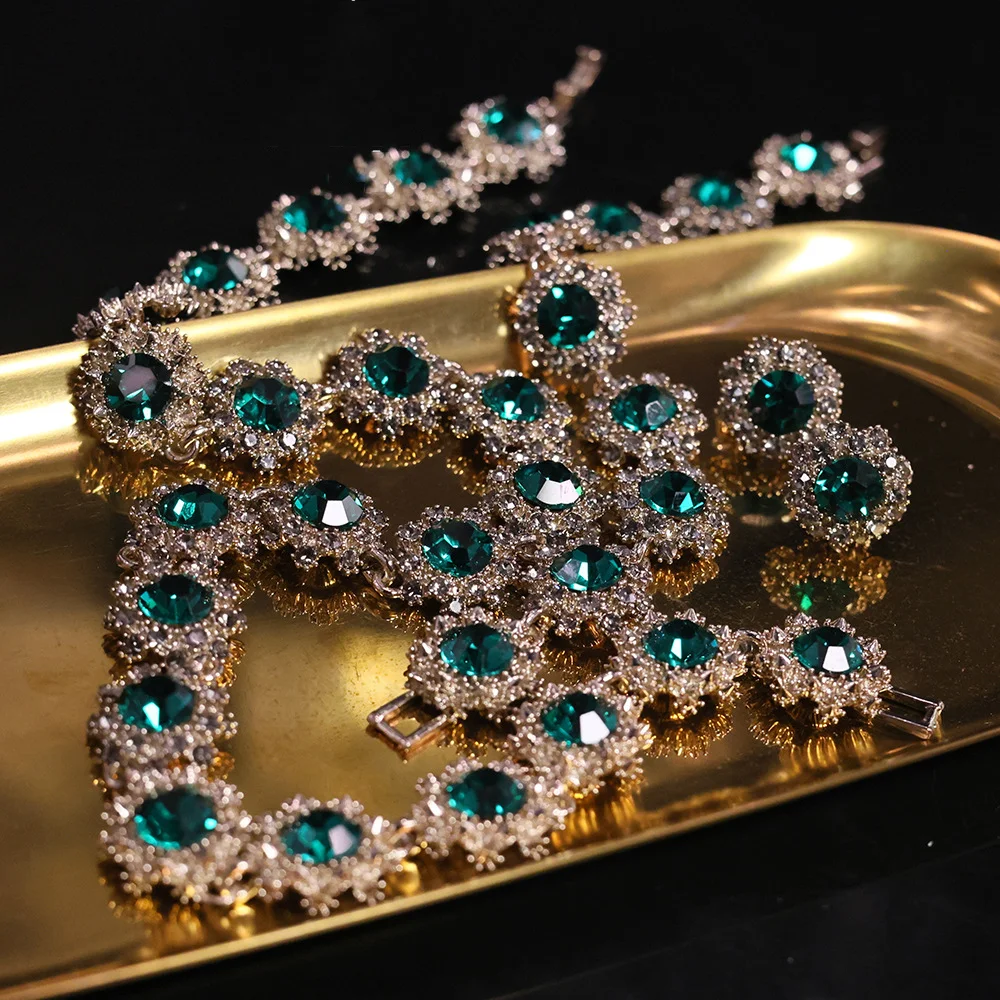 Vintage Crystal Rhinestone Bridal Jewelry Sets Necklace Earrings Bracelet Set for Women Shiny Choker Wedding Party Jewelry