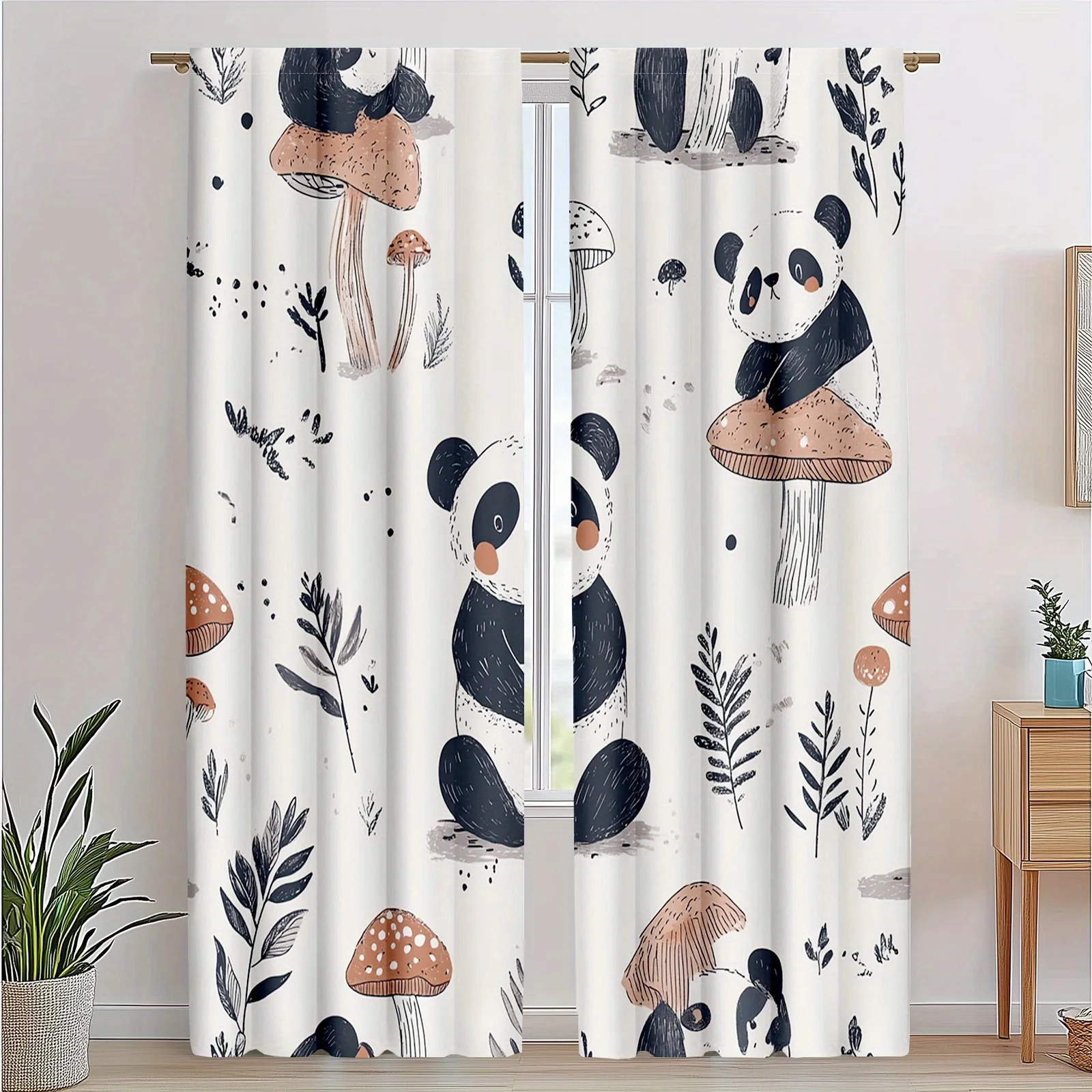 2pcs Black White Panda Curtains, Animal Design with Mushroom PrintWindow Treatments Decorative curtains