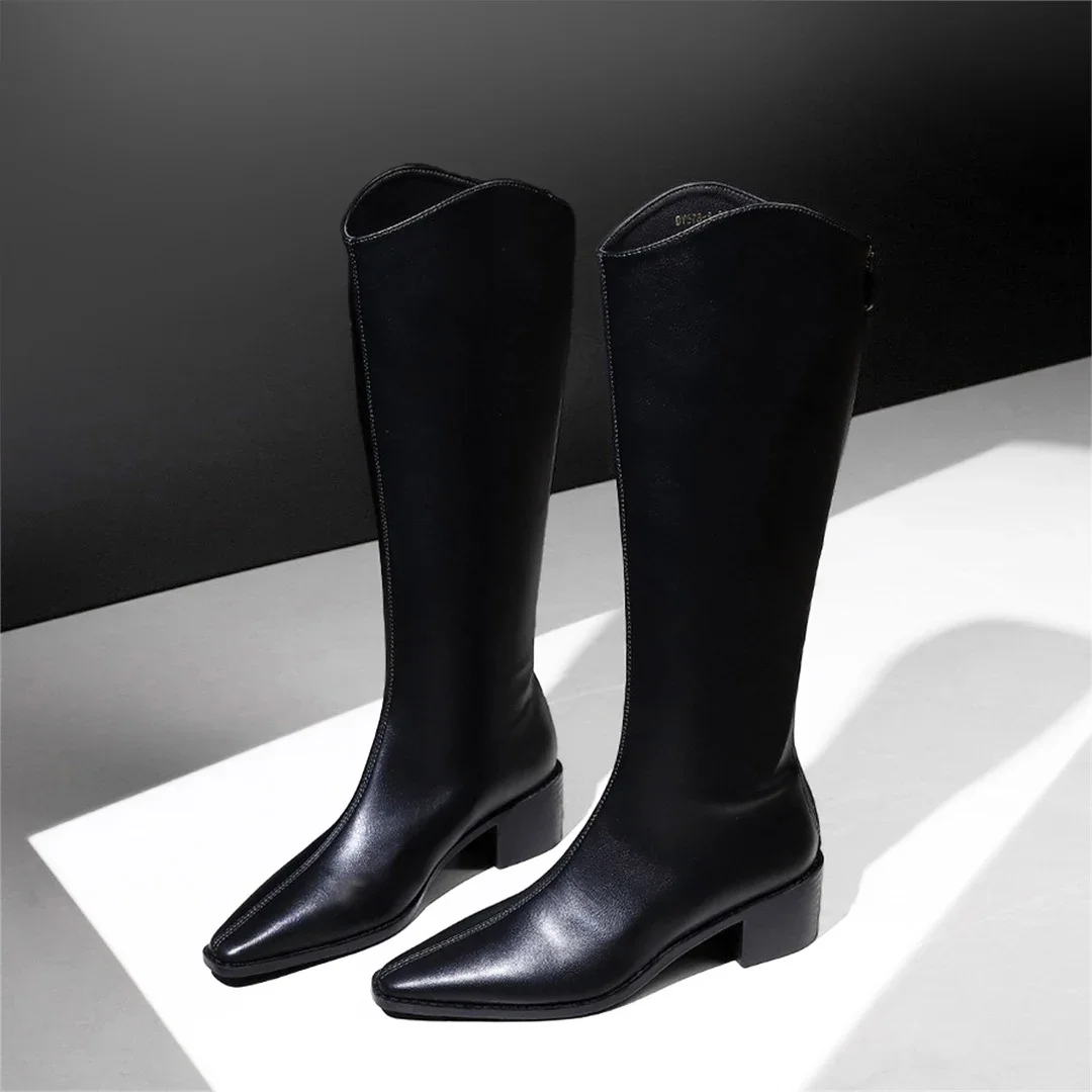 Winter Black Knee-High Boot Shoes For Woman Point Toe Square Heel Long Boots Women's Waterproof Faux Leather Back Zip Thigh Boot