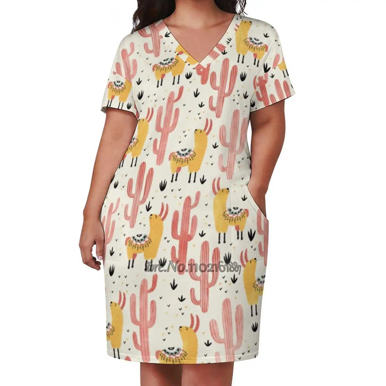 Yellow Llamas Red Cacti Sexy V-Neck Dress Fashion Casual Printed High Quality Short Sleeve Skirt 5Xl Cactus Cacti Llama Alpaca