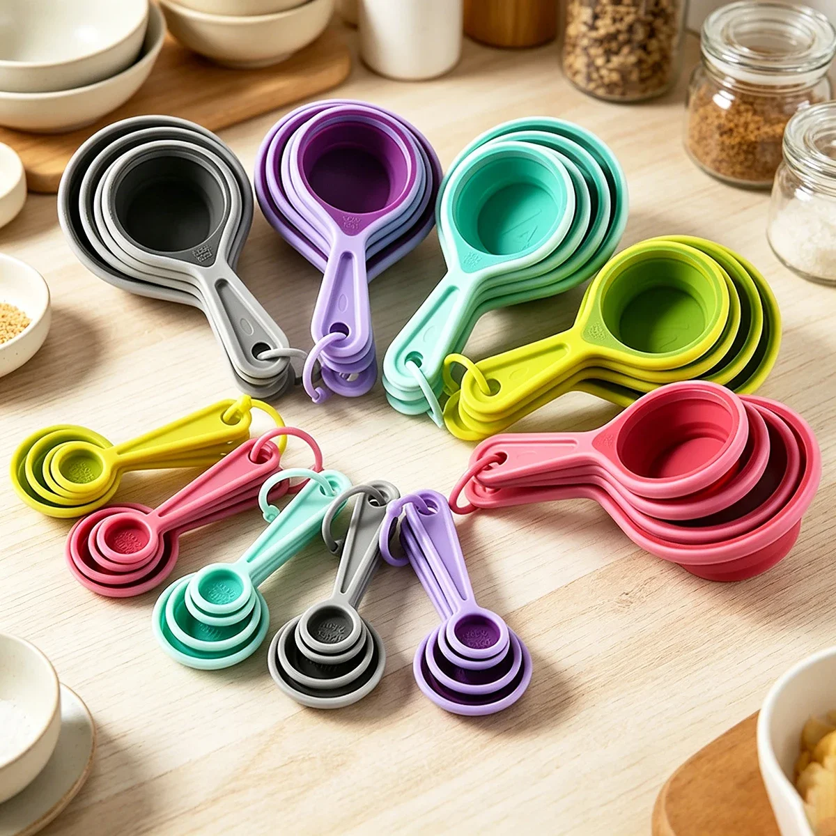 8 Piece Set of Silicone Folding Measuring Spoons Reusable Food Grade Measuring Cups Foldable Kitchen Baking Tools