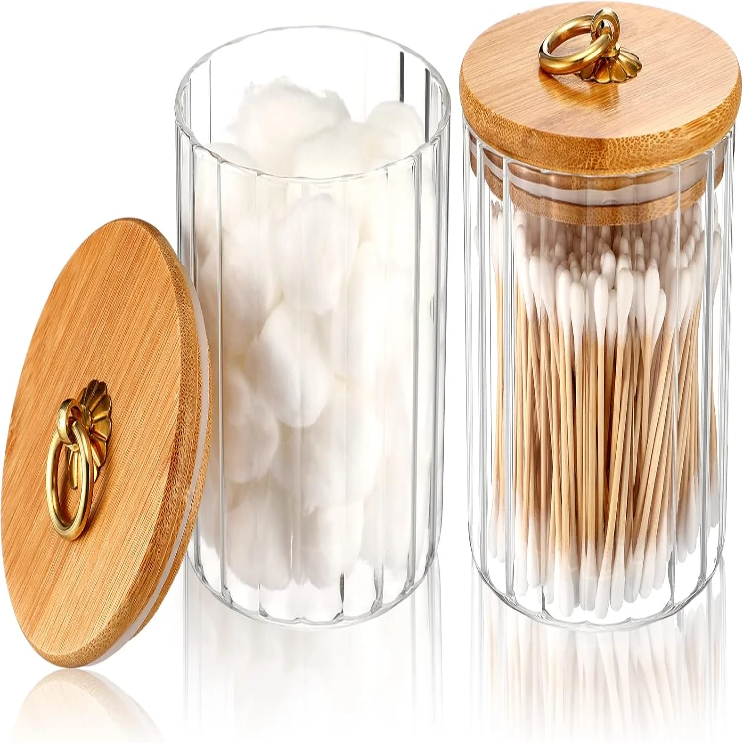 2 Pack Glass Jars with Bamboo  Bathroom Canisters Apothecary Jars Set Cotton Ball Holder Bathroom Containers Cotton Dispenser Ba