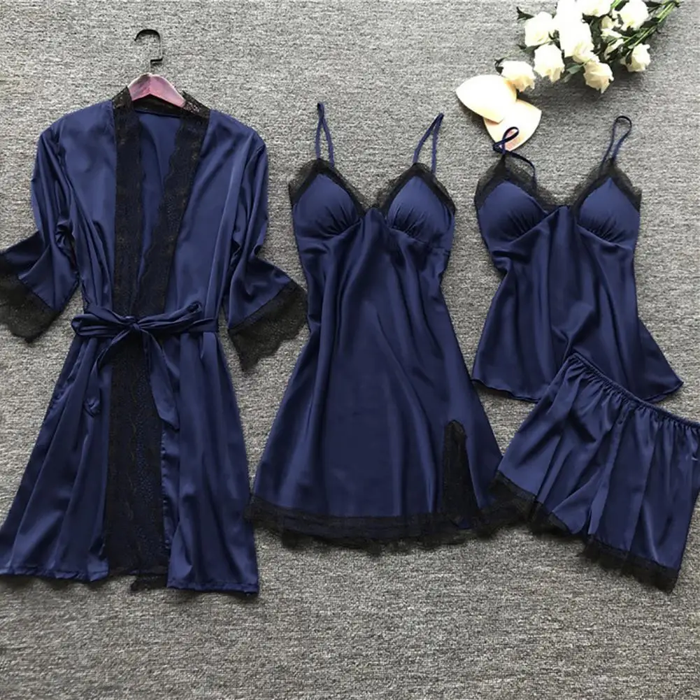 Sexy Stain Lace Women Sleepwear Cardigan Coat Top Dress Shorts Set Spaghetti Strap Coat Dress Shorts Suit Nightie Night Clothes