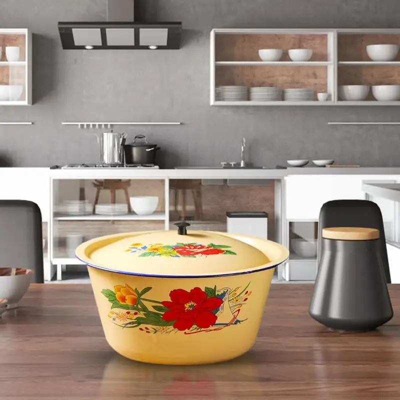Enamel Mixing Bowl With Lid Retro Vintage Enamel Bowl Vegetable Container Pot Enamel Ware Enamels Soup Basin Container for Rice